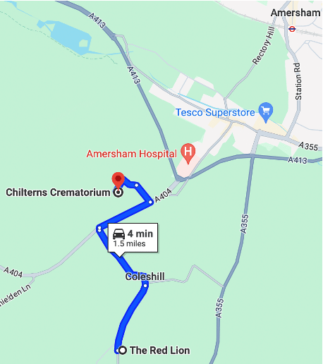 Map of Route from Chilterns Crematorium to Red Lion at Coleshill